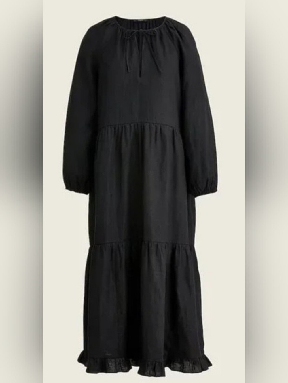 EUC J. Crew L/XL Tiered Dress 100 Linen India Long Sleeve Pockets Black